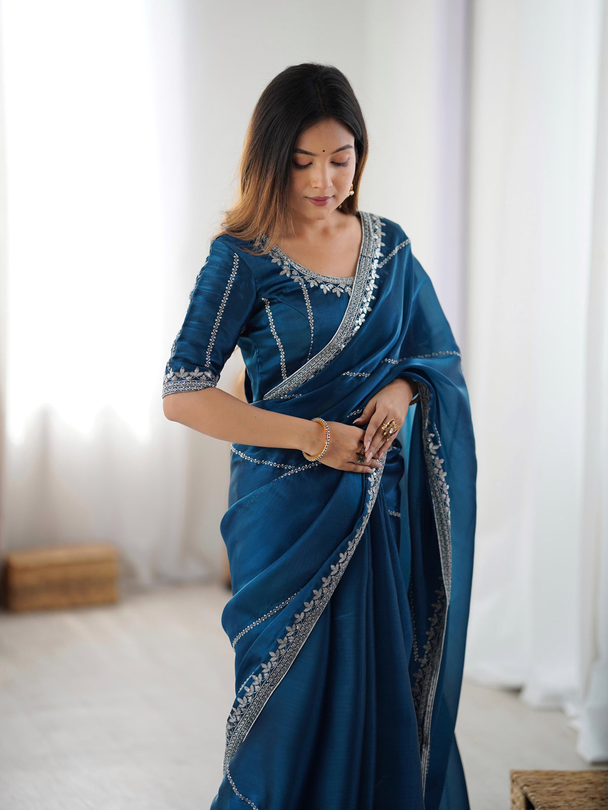 Heavy JMC Silk Saree with Thread, Sequin & Piping Embroidery