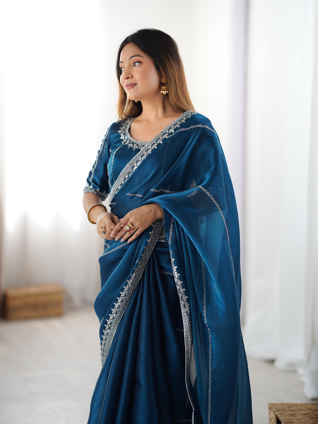 Heavy JMC Silk Saree with Thread, Sequin & Piping Embroidery