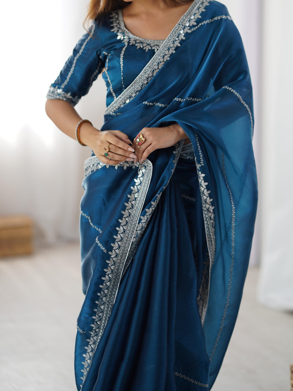 Heavy JMC Silk Saree with Thread, Sequin & Piping Embroidery