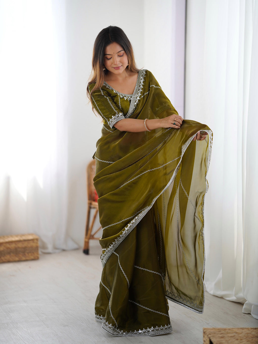 Heavy JMC Silk Saree with Thread, Sequin & Piping Embroidery