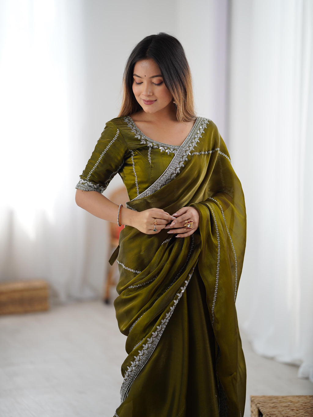 Heavy JMC Silk Saree with Thread, Sequin & Piping Embroidery