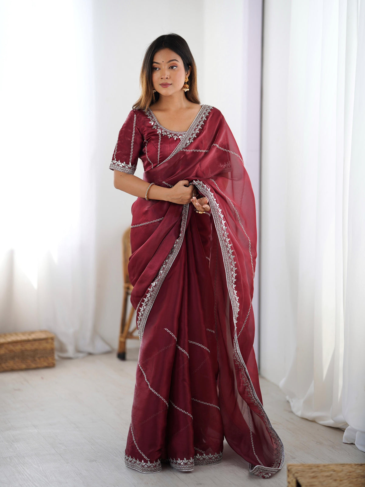 Heavy JMC Silk Saree with Thread, Sequin & Piping Embroidery