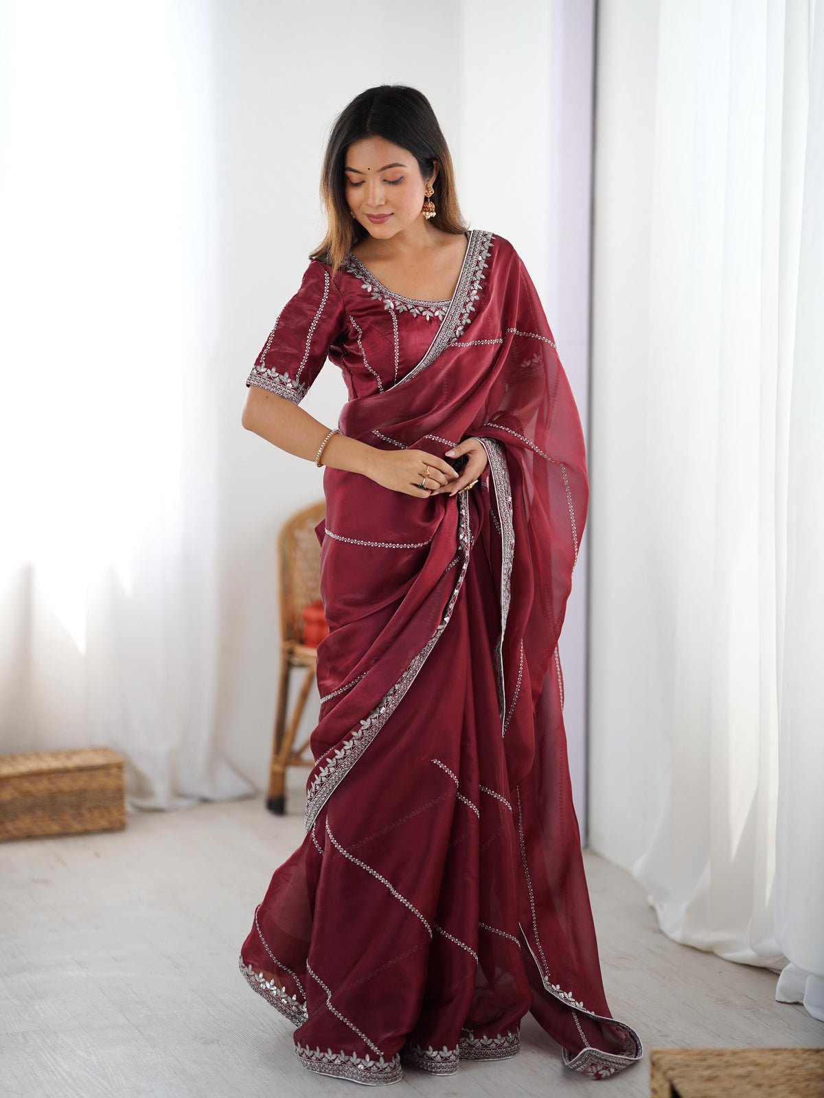Heavy JMC Silk Saree with Thread, Sequin & Piping Embroidery