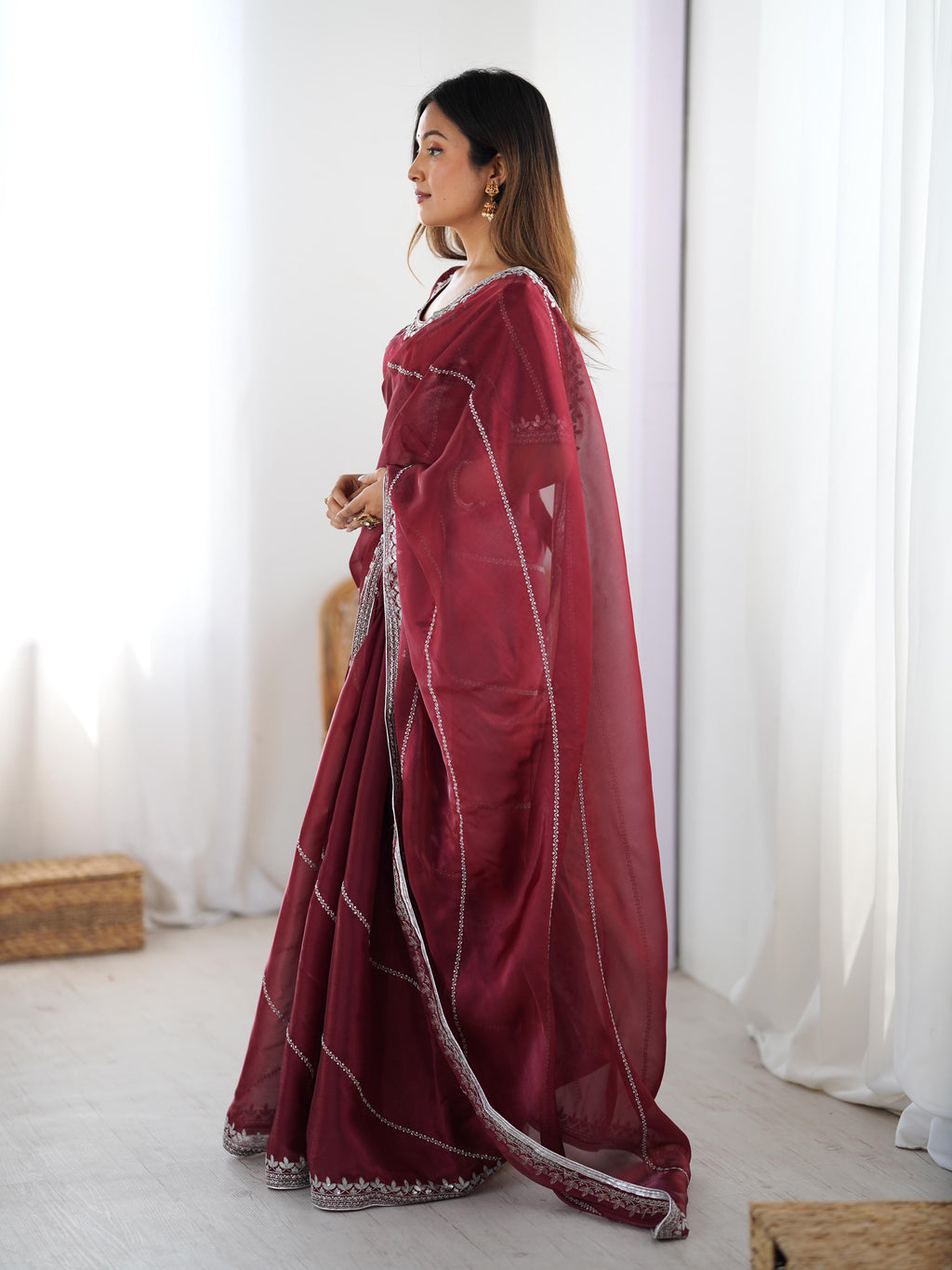 Heavy JMC Silk Saree with Thread, Sequin & Piping Embroidery