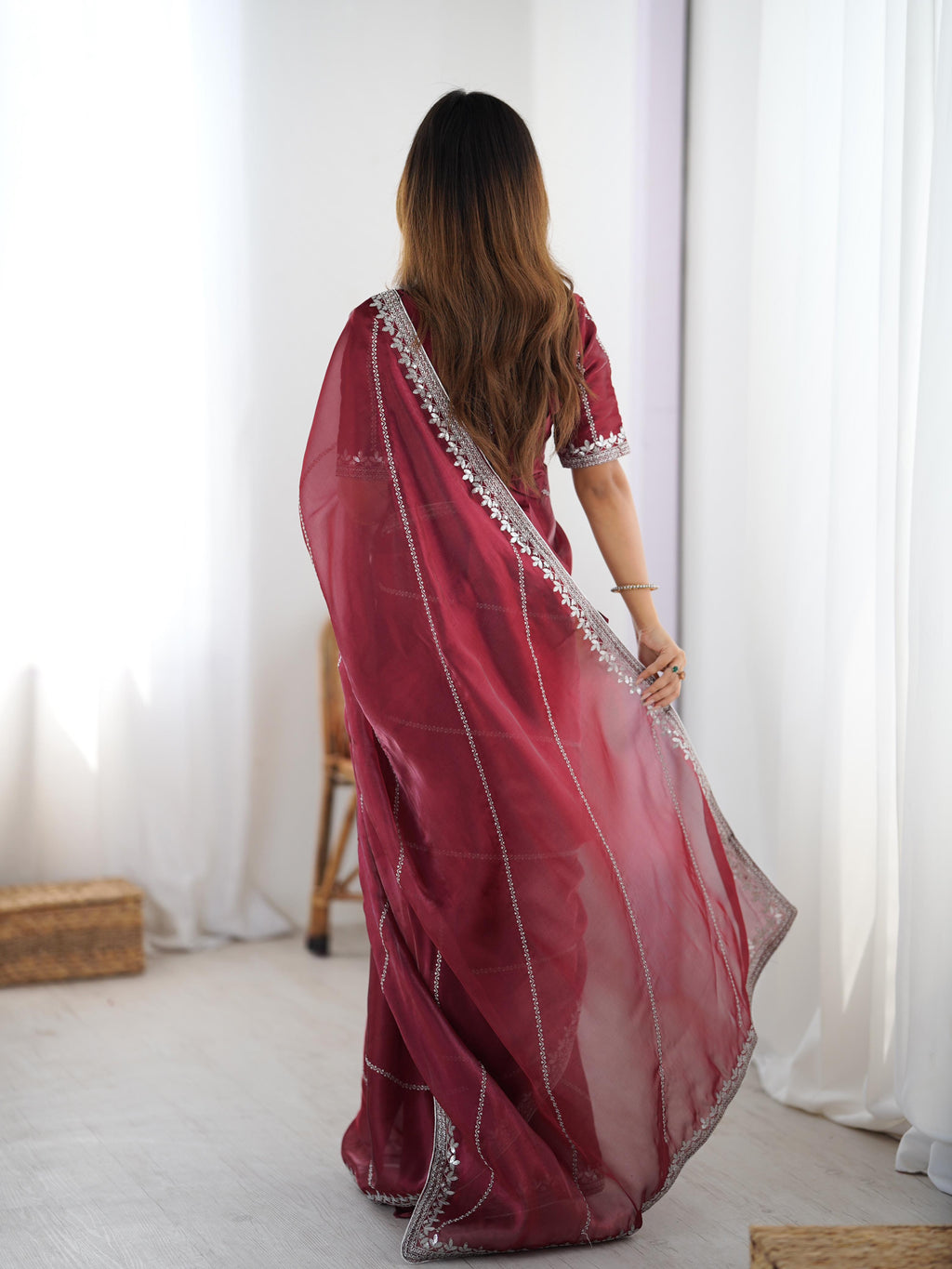 Heavy JMC Silk Saree with Thread, Sequin & Piping Embroidery