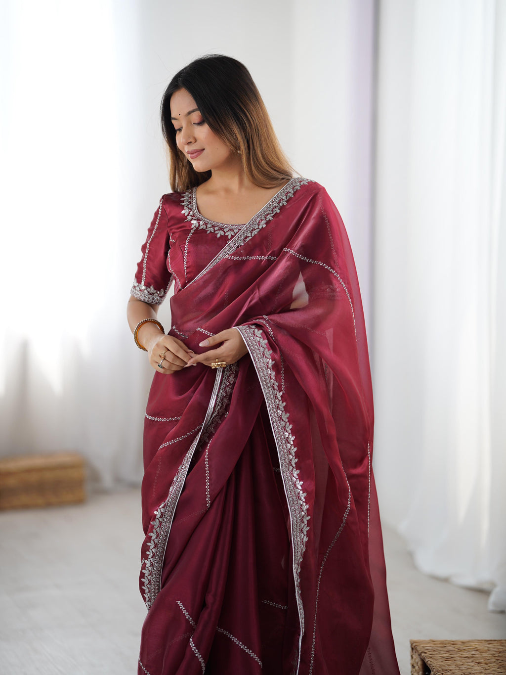 Heavy JMC Silk Saree with Thread, Sequin & Piping Embroidery