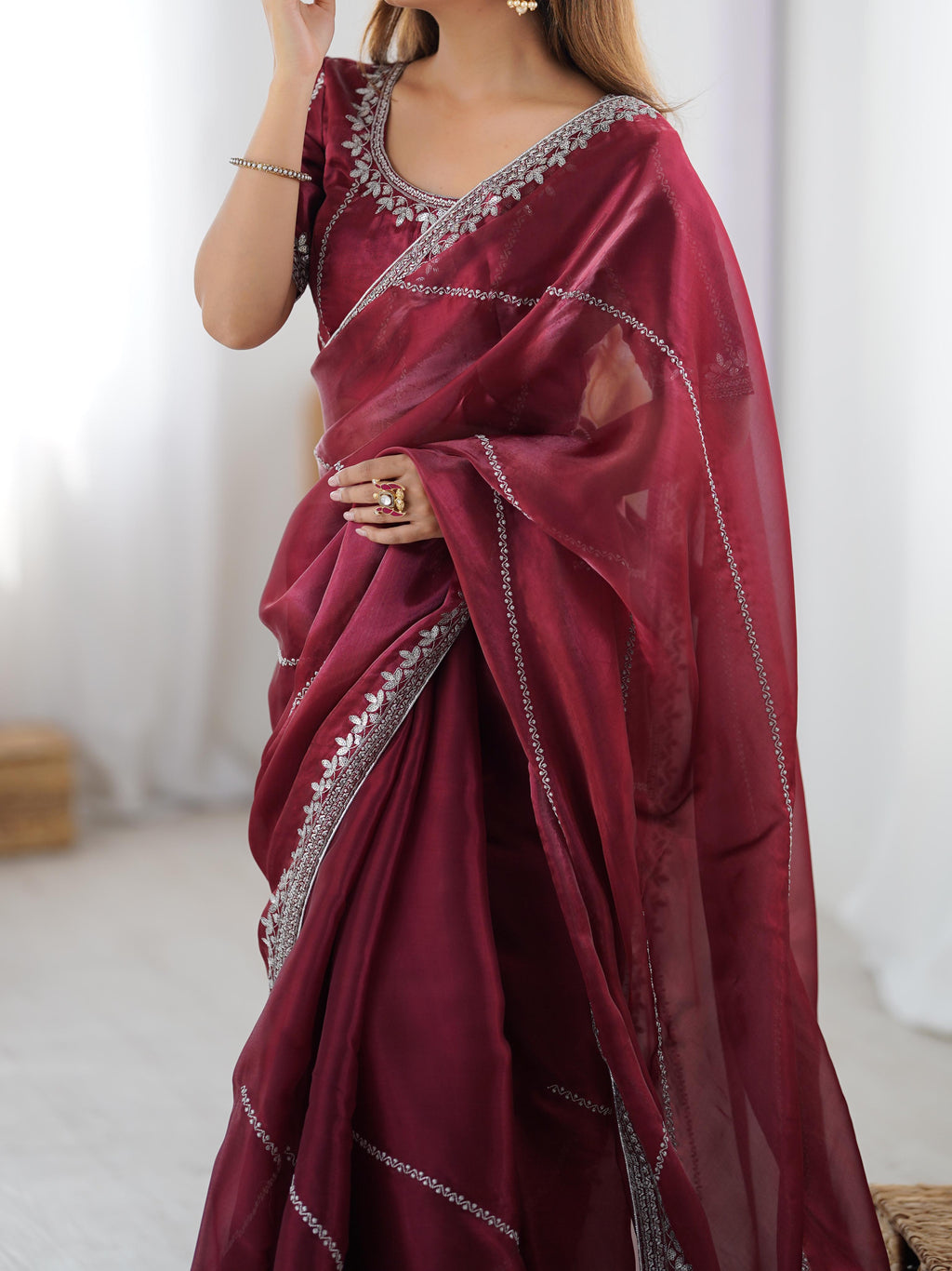 Heavy JMC Silk Saree with Thread, Sequin & Piping Embroidery
