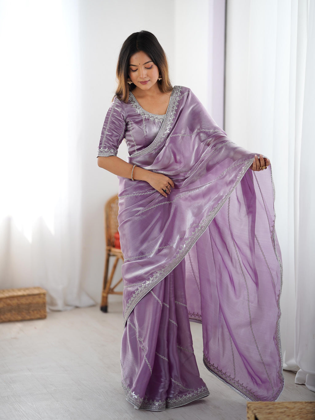 Heavy JMC Silk Saree with Thread, Sequin & Piping Embroidery