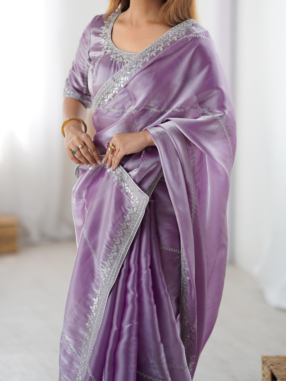 Heavy JMC Silk Saree with Thread, Sequin & Piping Embroidery