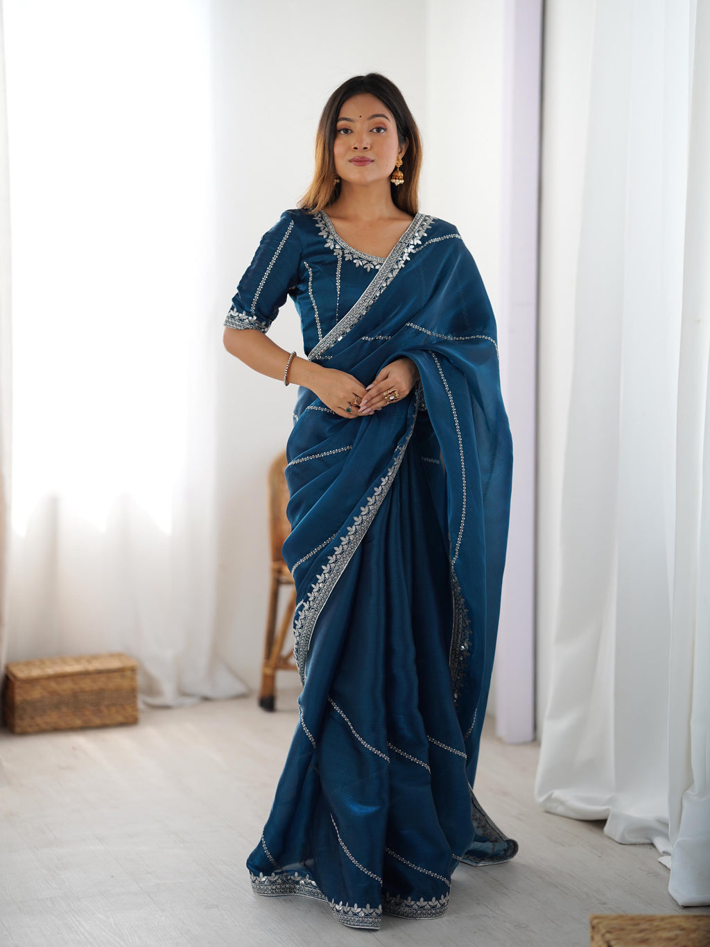 Heavy JMC Silk Saree with Thread, Sequin & Piping Embroidery