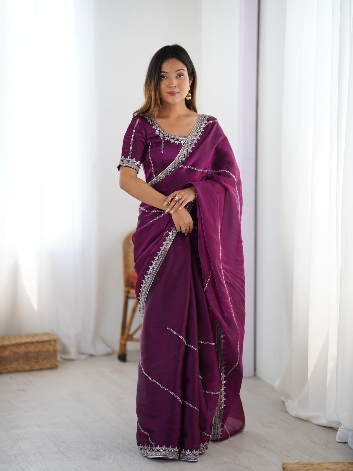 Heavy JMC Silk Saree with Thread, Sequin & Piping Embroidery