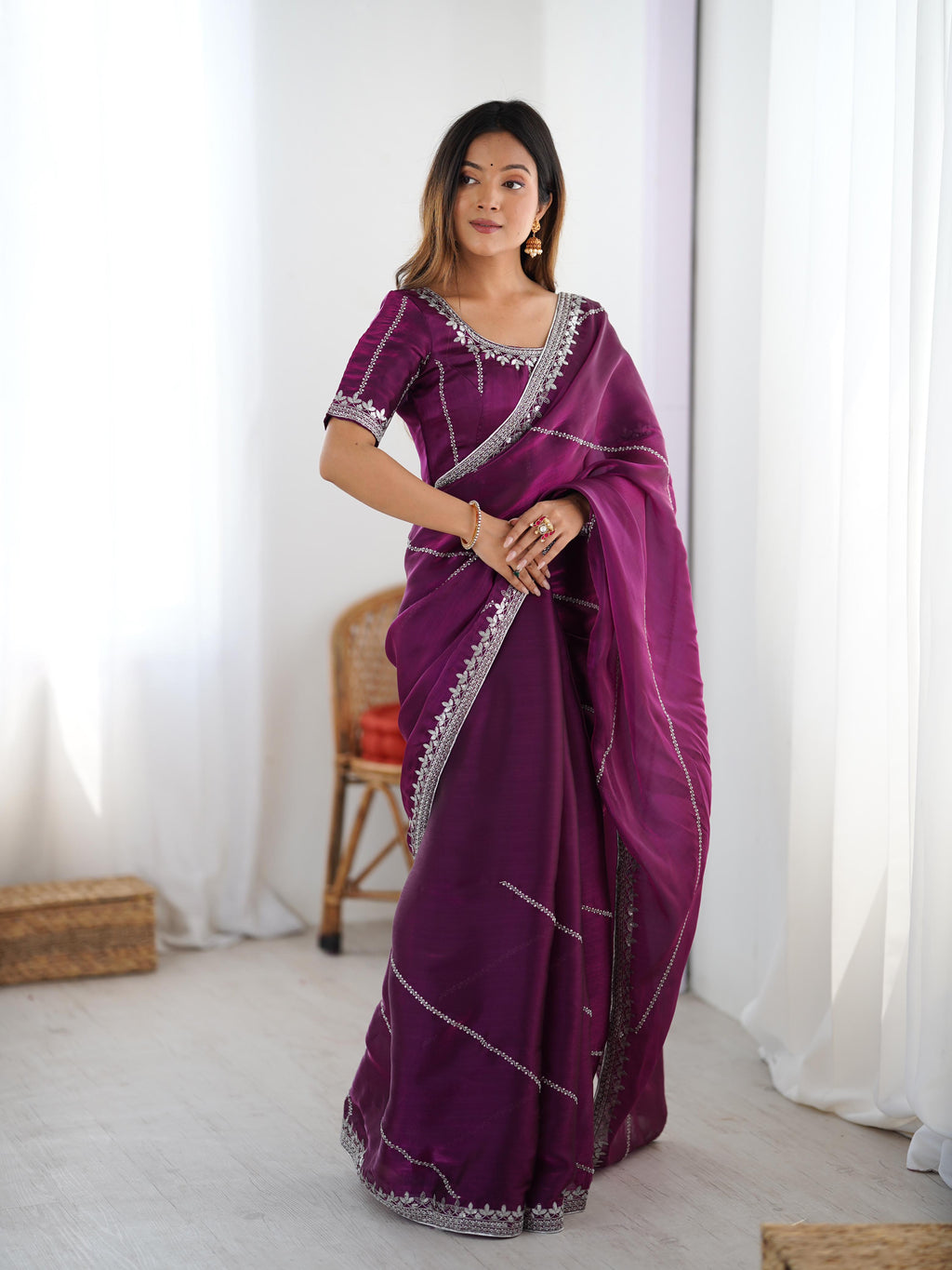 Heavy JMC Silk Saree with Thread, Sequin & Piping Embroidery