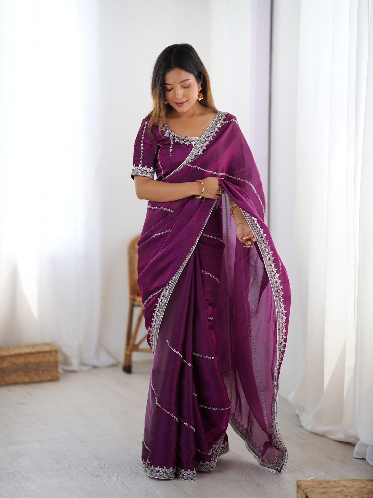 Heavy JMC Silk Saree with Thread, Sequin & Piping Embroidery