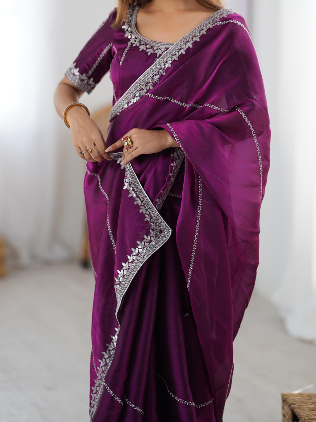 Heavy JMC Silk Saree with Thread, Sequin & Piping Embroidery