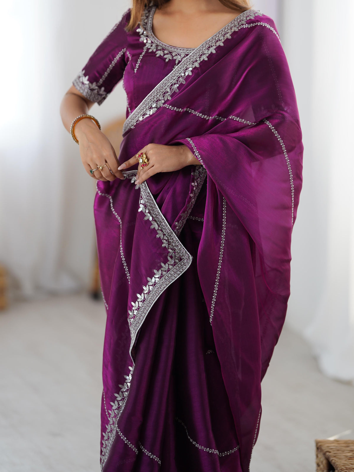 Heavy JMC Silk Saree with Thread, Sequin & Piping Embroidery