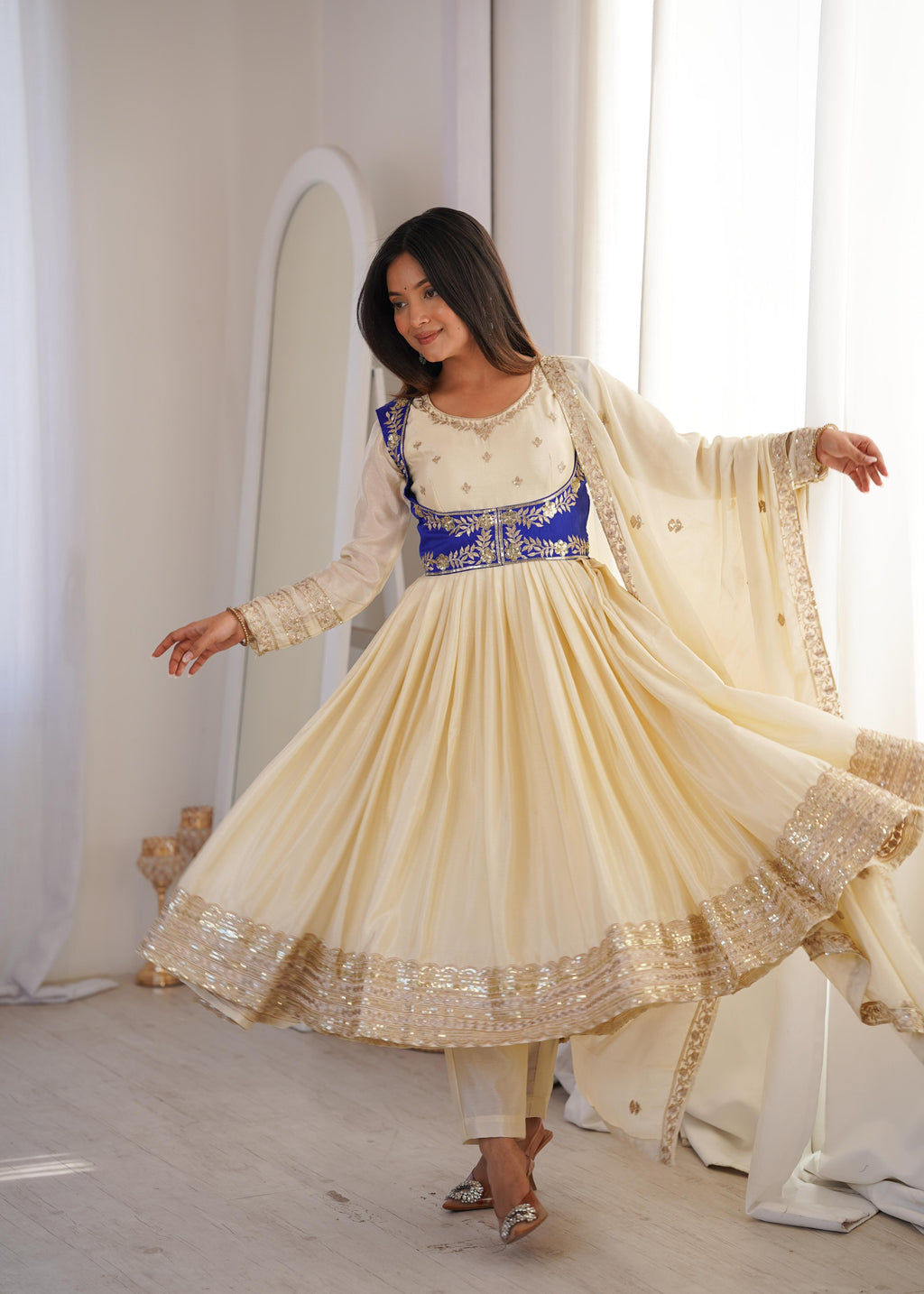 Heavy Chinon Silk Anarkali Suit with Banglory Koti & Thread-Sequin Work