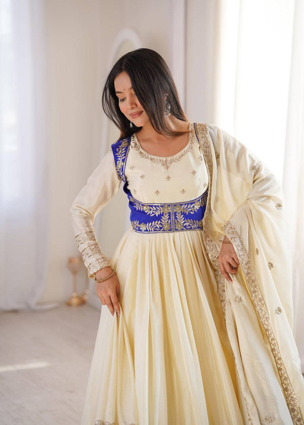 Heavy Chinon Silk Anarkali Suit with Banglory Koti & Thread-Sequin Work