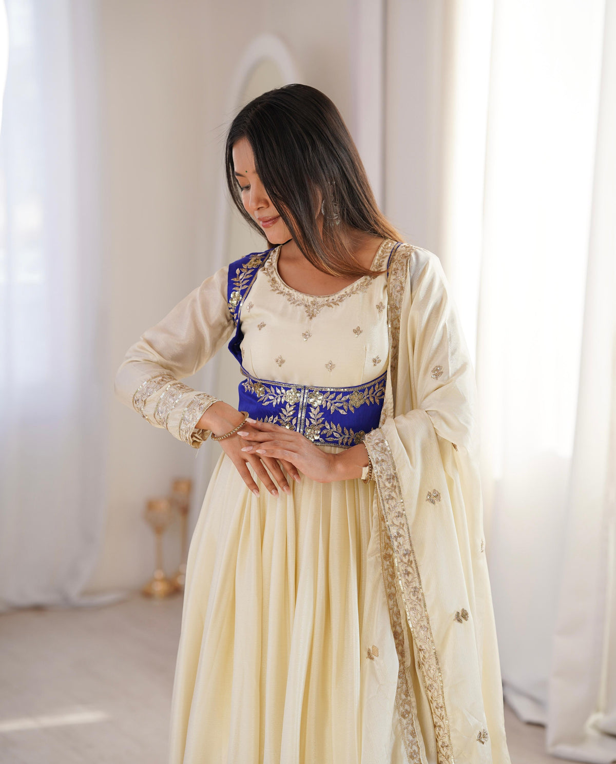 Heavy Chinon Silk Anarkali Suit with Banglory Koti & Thread-Sequin Work