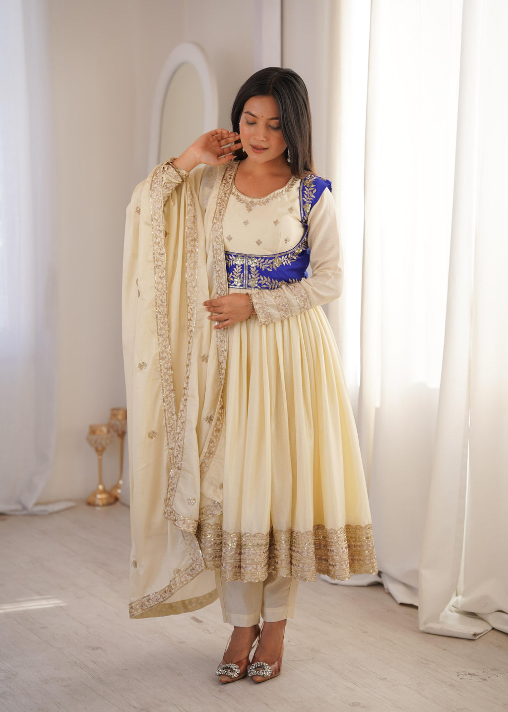 Heavy Chinon Silk Anarkali Suit with Banglory Koti & Thread-Sequin Work