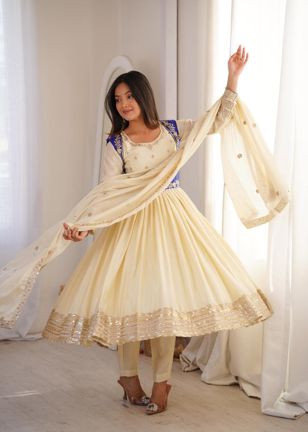 Heavy Chinon Silk Anarkali Suit with Banglory Koti & Thread-Sequin Work