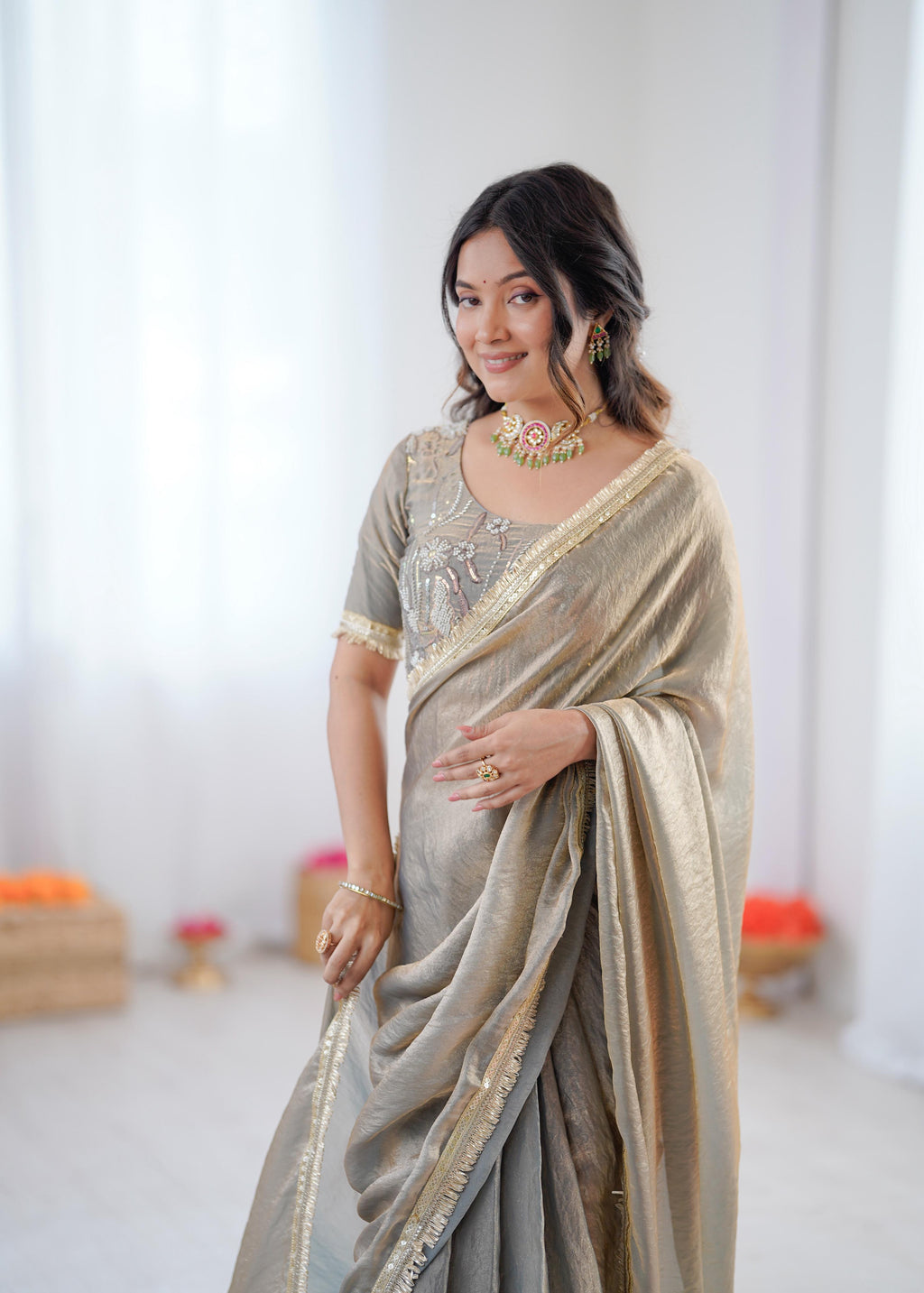Heavy Fendi Silk Ready-to-Wear Saree with Beaded Sequin Blouse