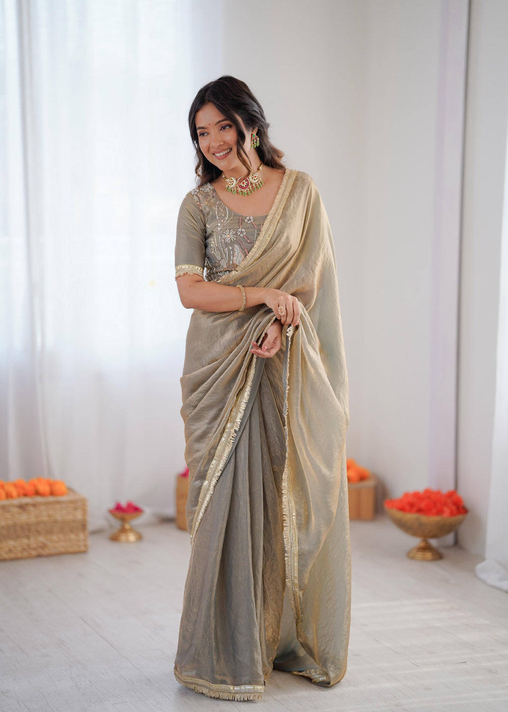 Heavy Fendi Silk Ready-to-Wear Saree with Beaded Sequin Blouse