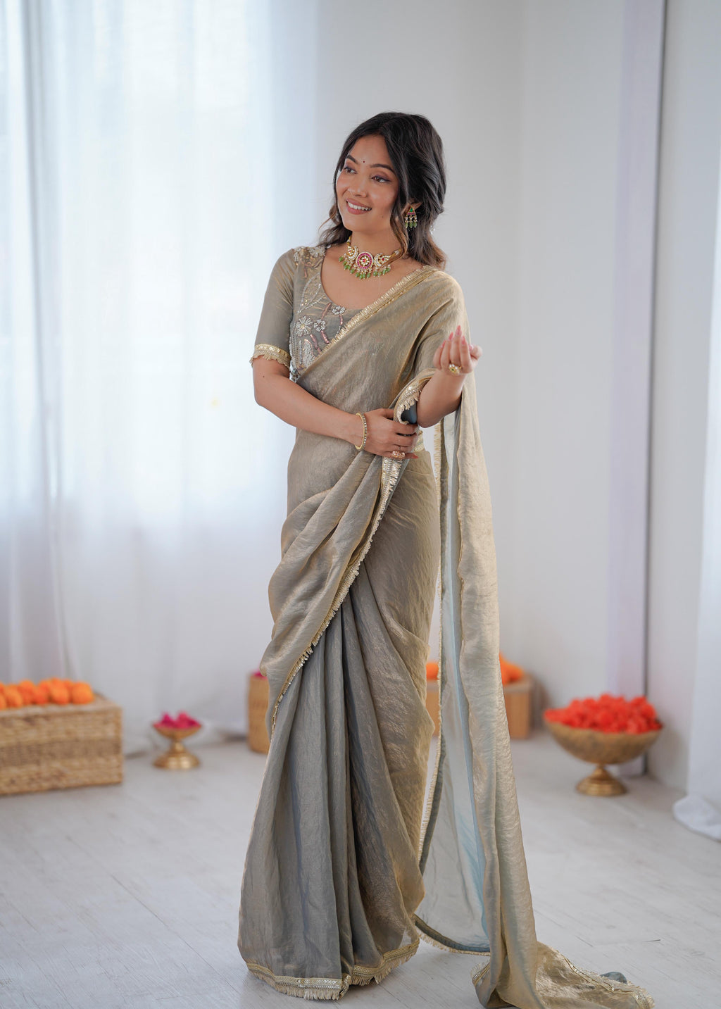 Heavy Fendi Silk Ready-to-Wear Saree with Beaded Sequin Blouse