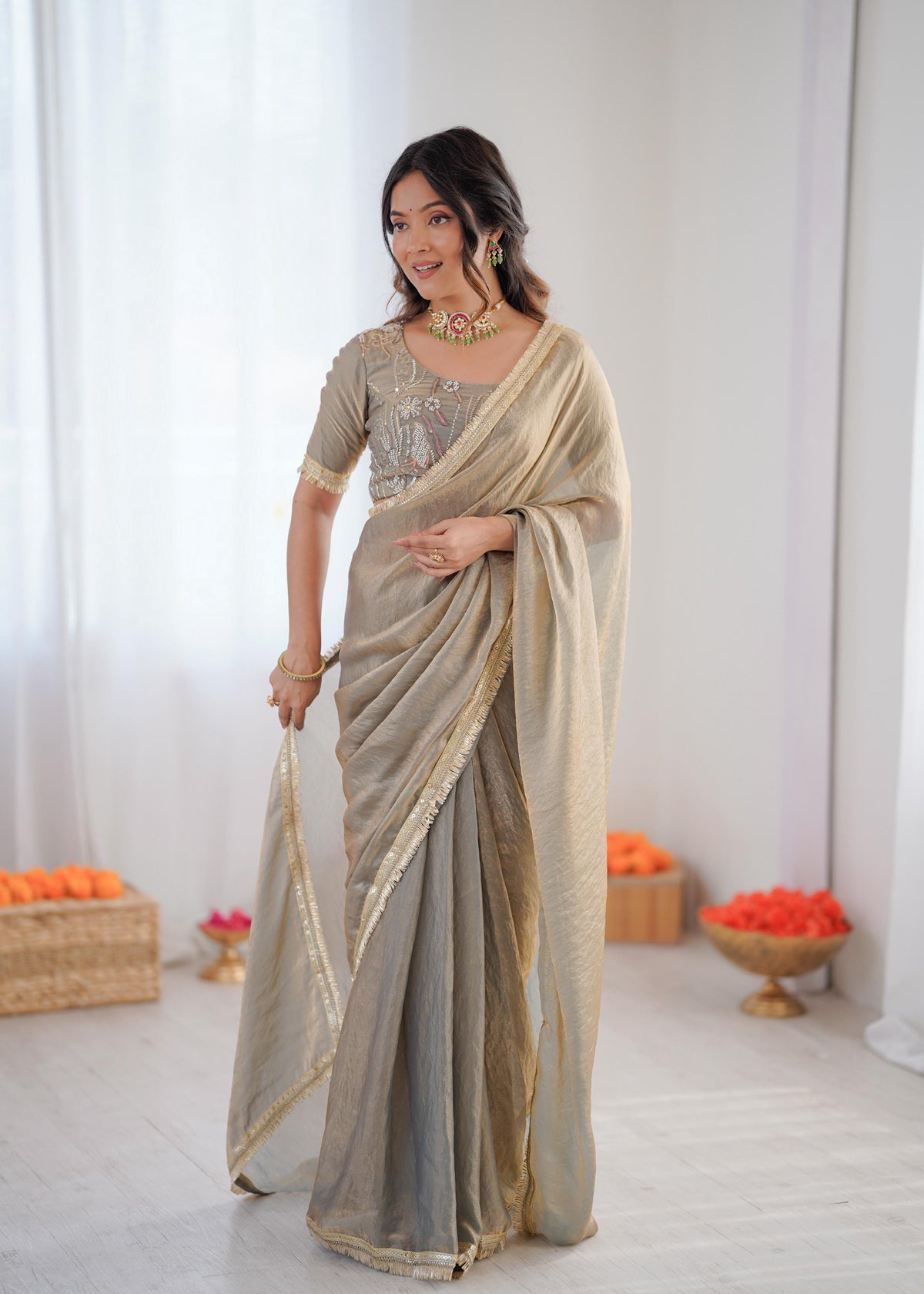 Heavy Fendi Silk Ready-to-Wear Saree with Beaded Sequin Blouse