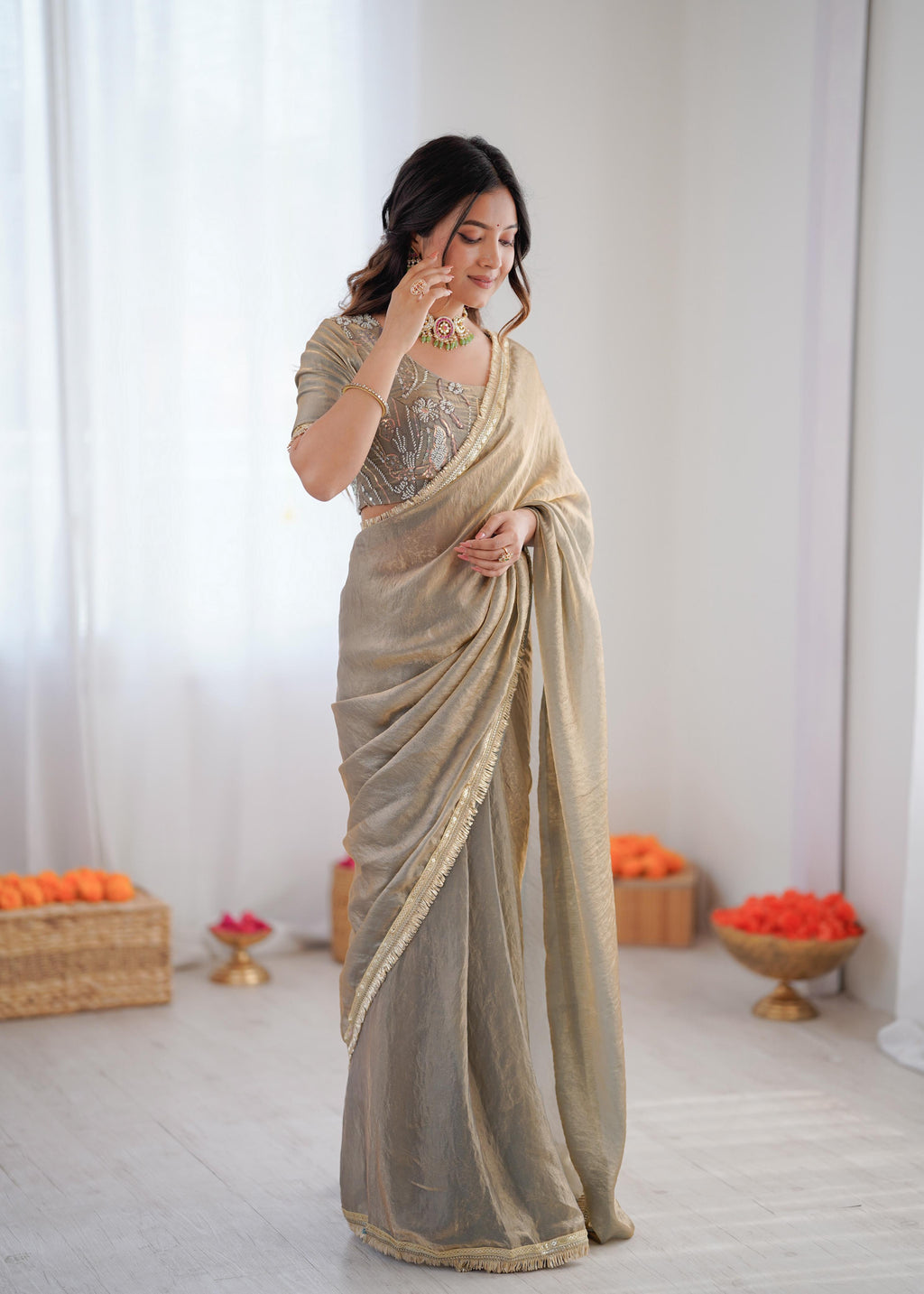 Heavy Fendi Silk Ready-to-Wear Saree with Beaded Sequin Blouse