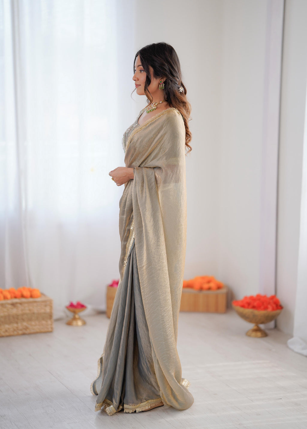 Heavy Fendi Silk Ready-to-Wear Saree with Beaded Sequin Blouse