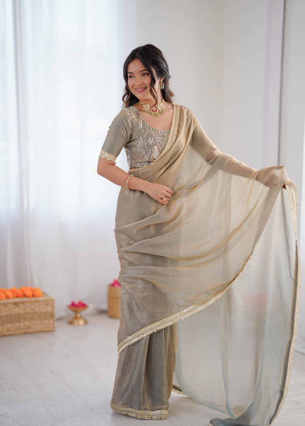 Heavy Fendi Silk Ready-to-Wear Saree with Beaded Sequin Blouse