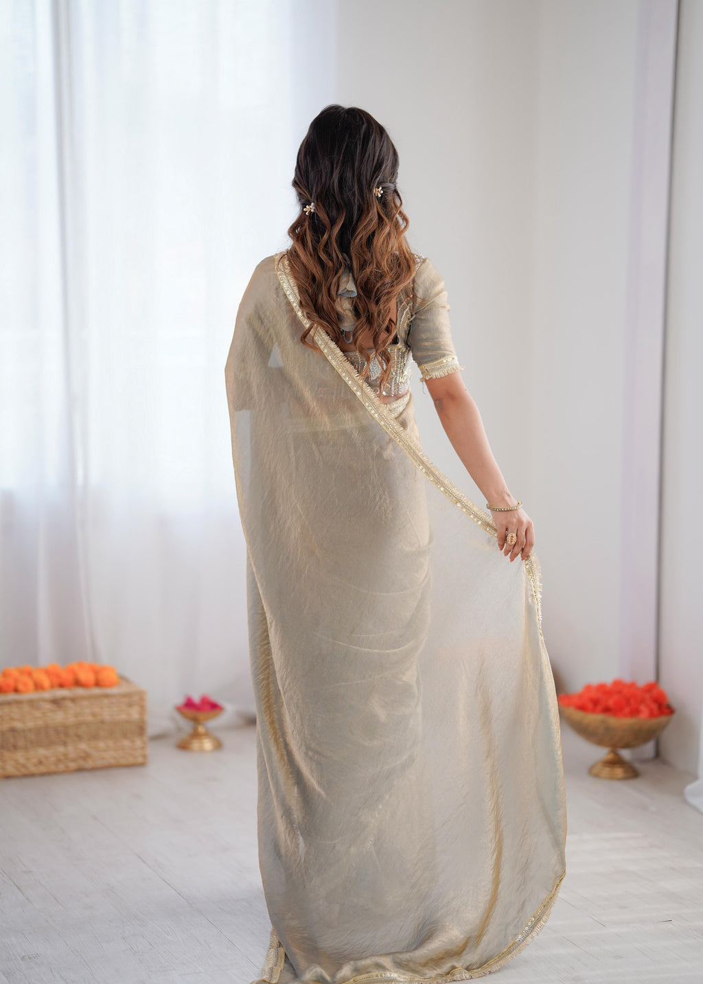 Heavy Fendi Silk Ready-to-Wear Saree with Beaded Sequin Blouse
