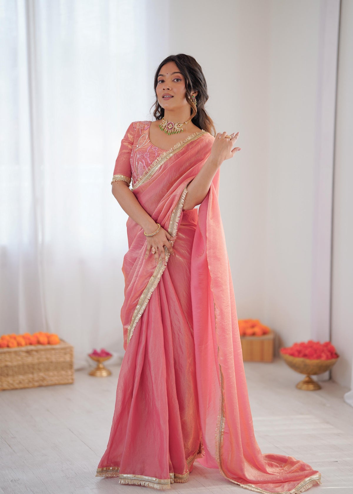 Heavy Fendi Silk Ready-to-Wear Saree with Beaded Sequin Blouse