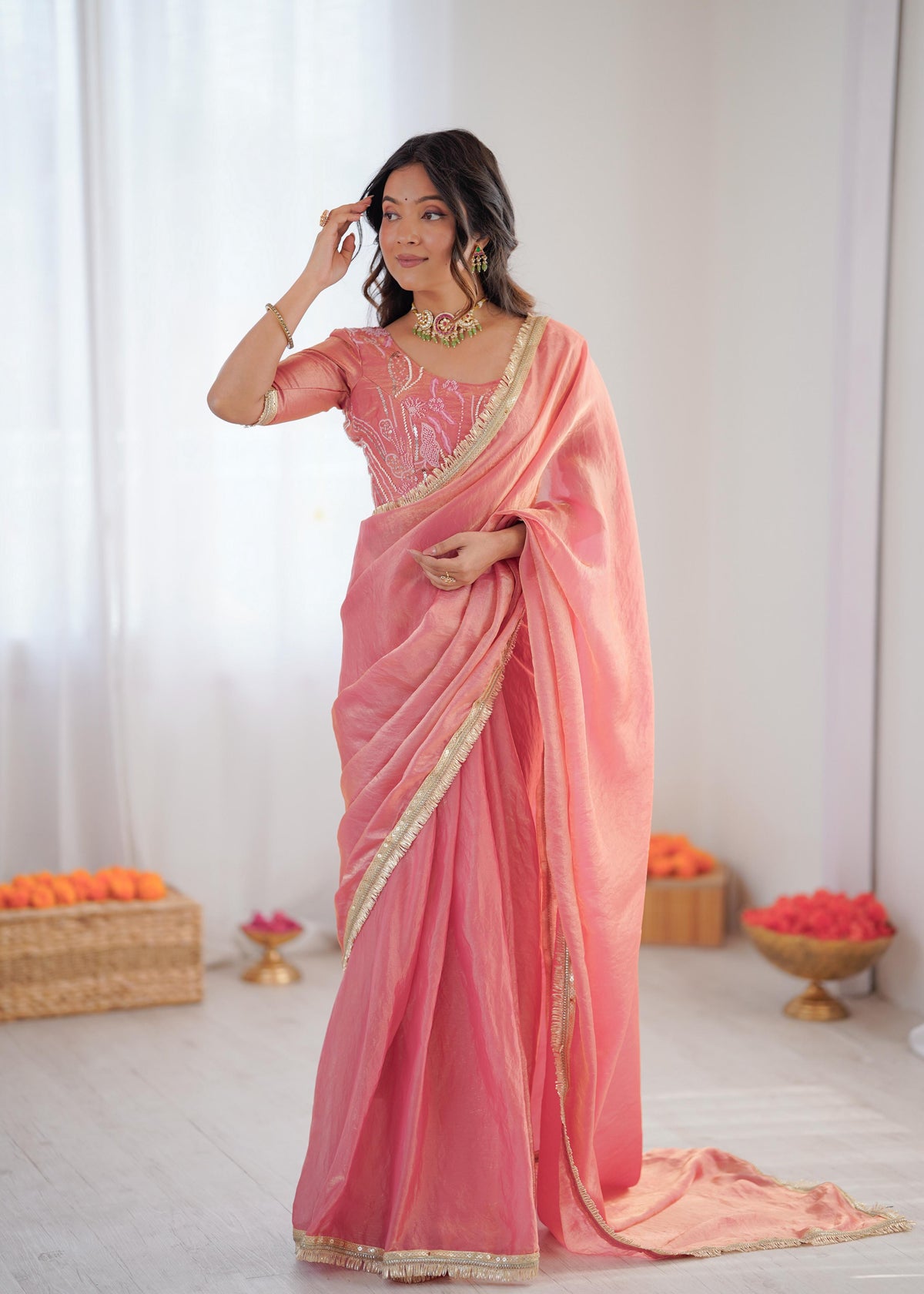 Heavy Fendi Silk Ready-to-Wear Saree with Beaded Sequin Blouse