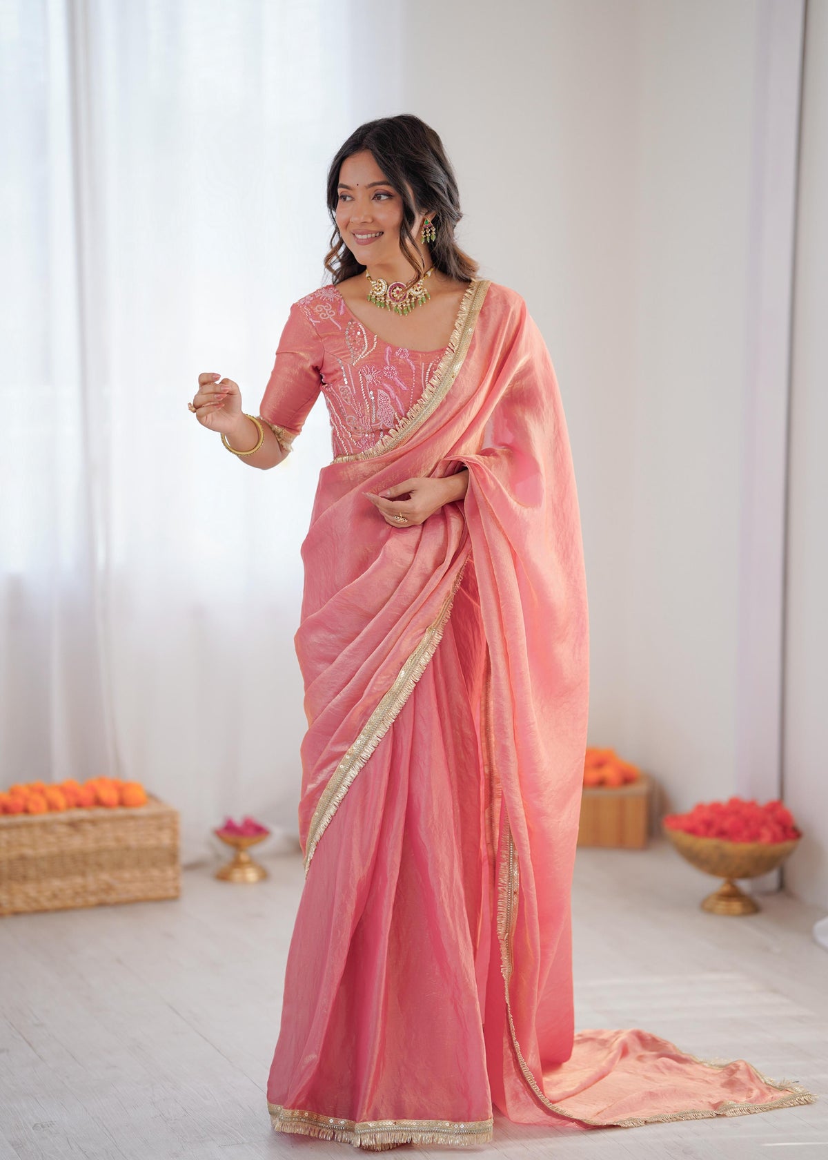 Heavy Fendi Silk Ready-to-Wear Saree with Beaded Sequin Blouse