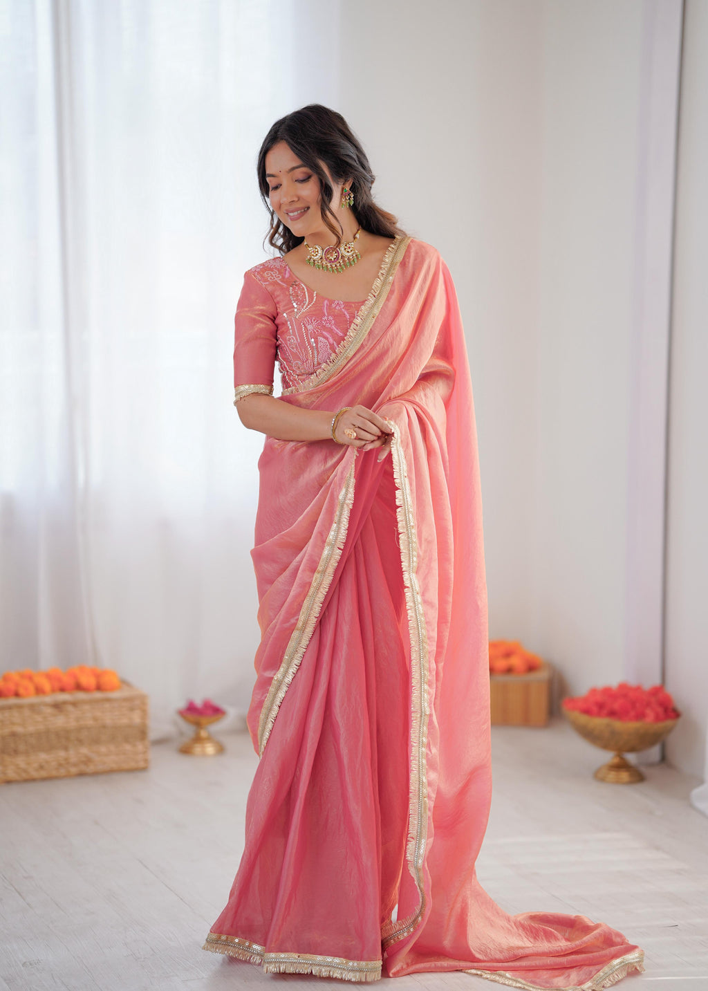 Heavy Fendi Silk Ready-to-Wear Saree with Beaded Sequin Blouse
