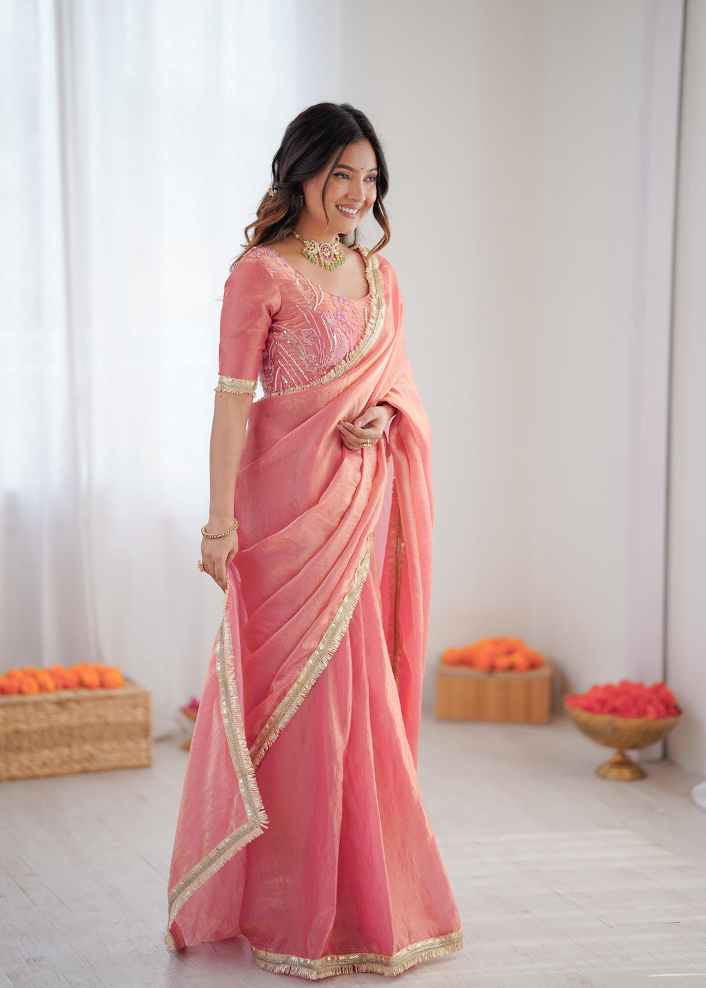 Heavy Fendi Silk Ready-to-Wear Saree with Beaded Sequin Blouse