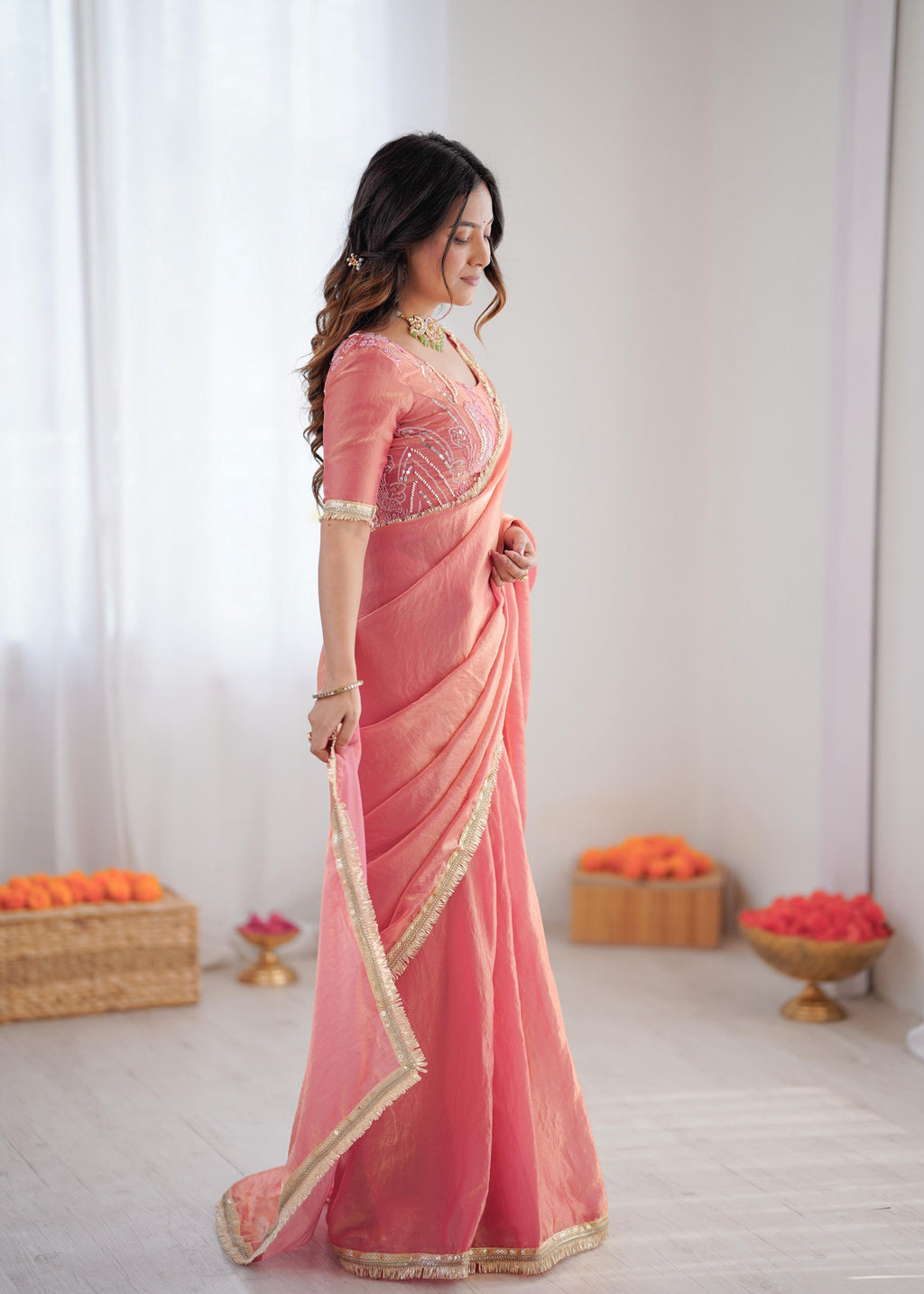Heavy Fendi Silk Ready-to-Wear Saree with Beaded Sequin Blouse