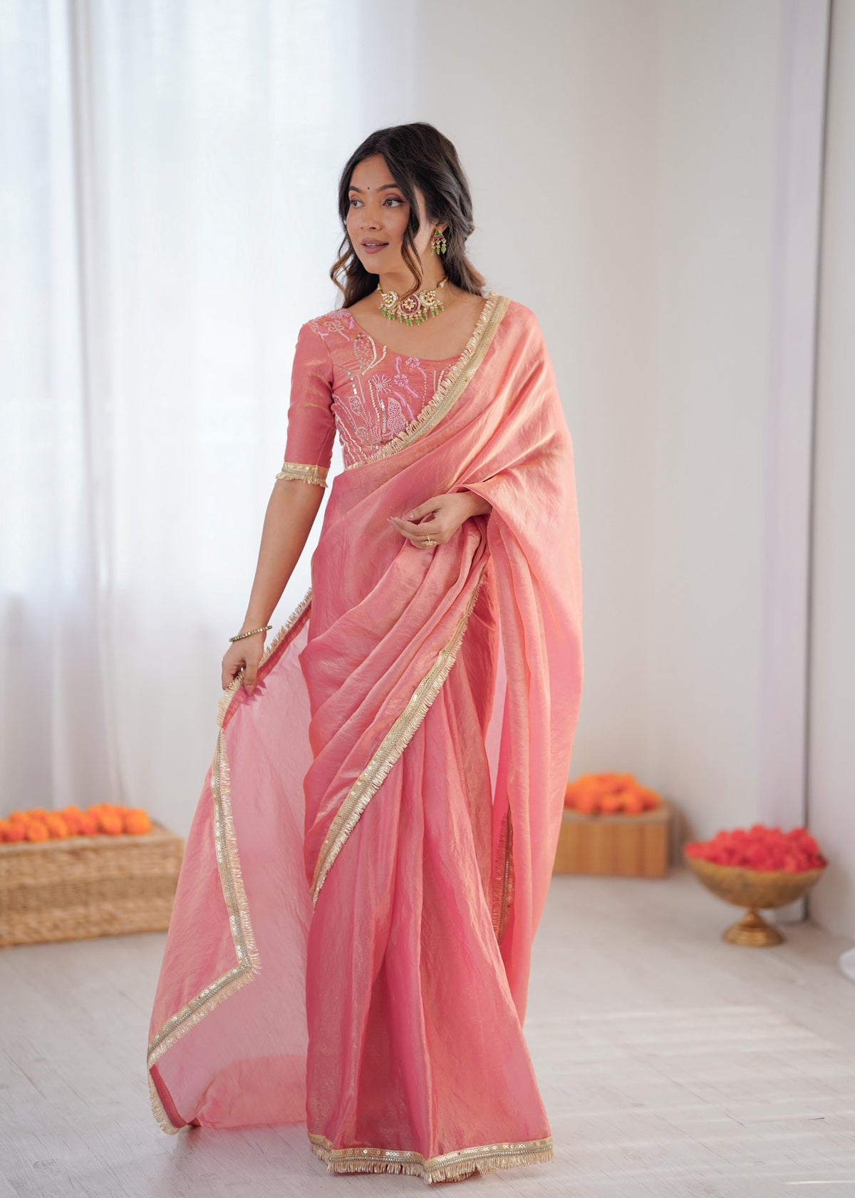 Heavy Fendi Silk Ready-to-Wear Saree with Beaded Sequin Blouse
