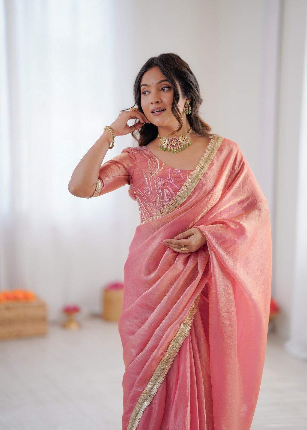 Heavy Fendi Silk Ready-to-Wear Saree with Beaded Sequin Blouse