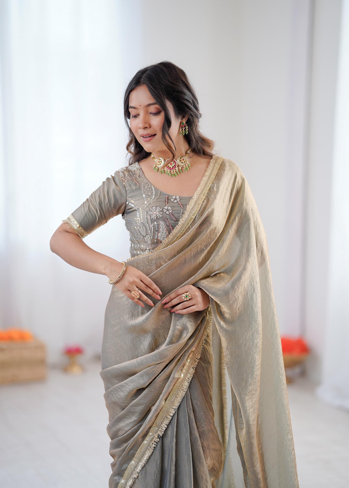 Heavy Fendi Silk Ready-to-Wear Saree with Beaded Sequin Blouse