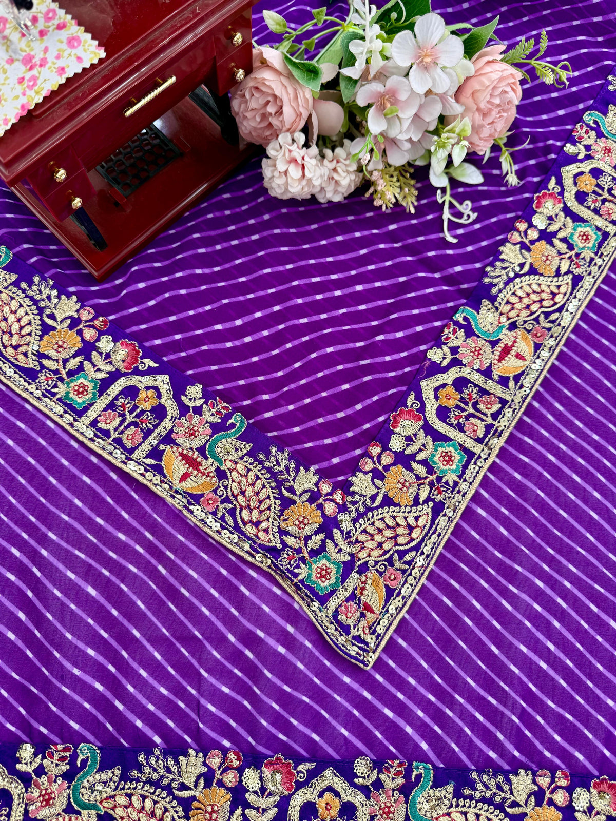 Faux Georgette Saree with Thread, Sequin Embroidery & Bandhani Print