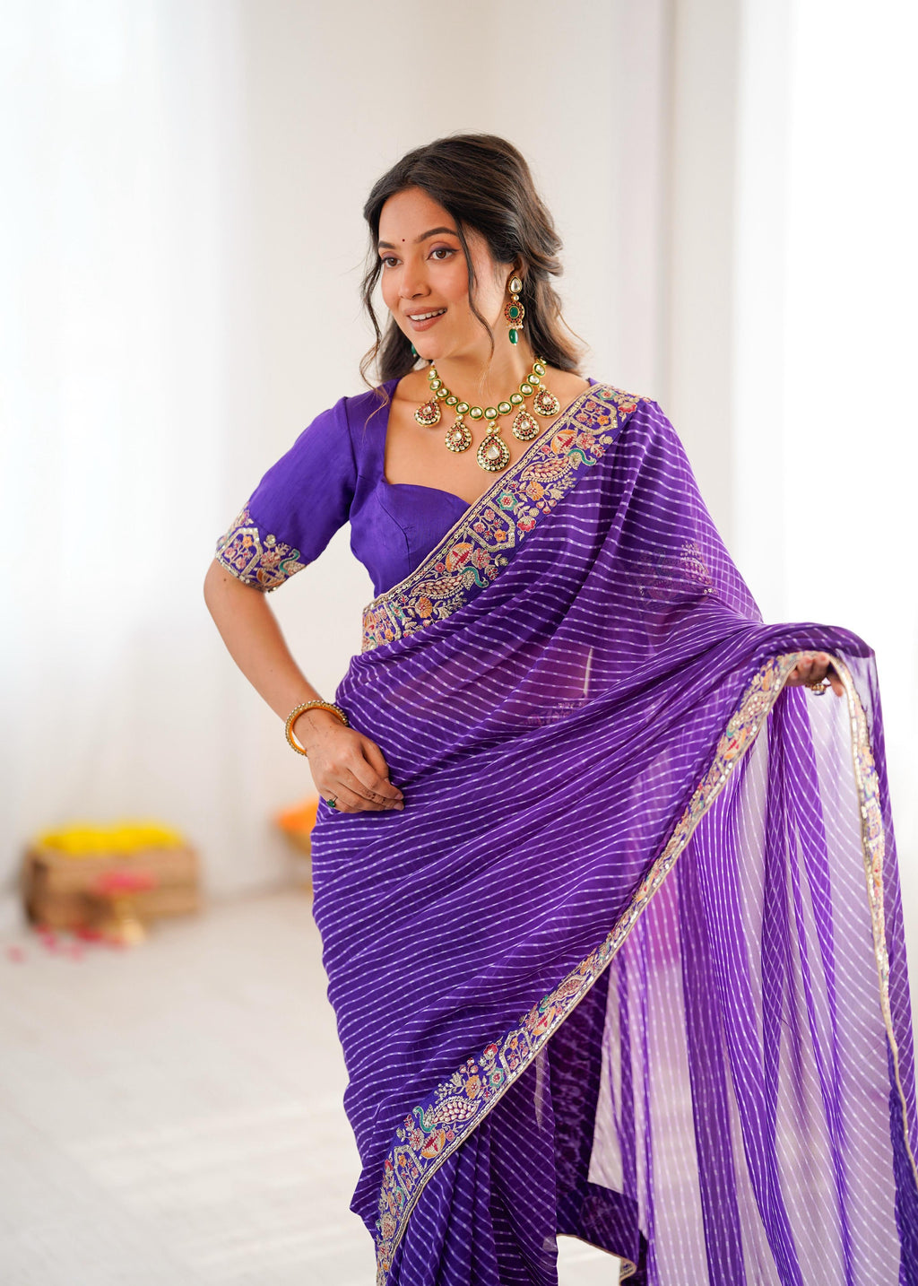 Faux Georgette Saree with Thread, Sequin Embroidery & Bandhani Print