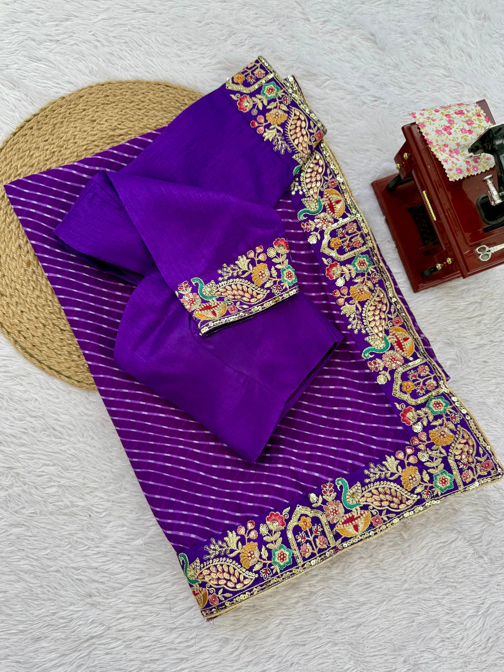 Faux Georgette Saree with Thread, Sequin Embroidery & Bandhani Print