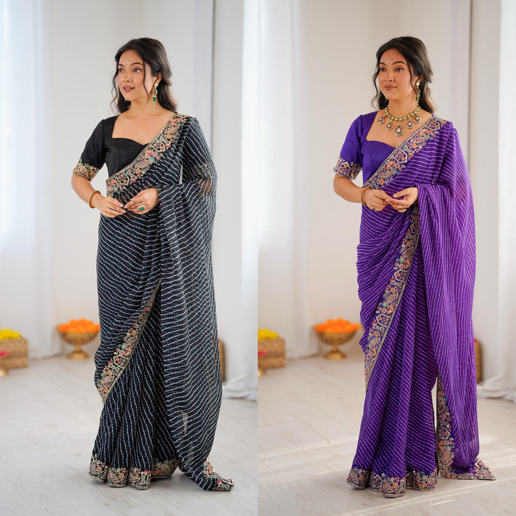 Faux Georgette Saree with Thread, Sequin Embroidery & Bandhani Print