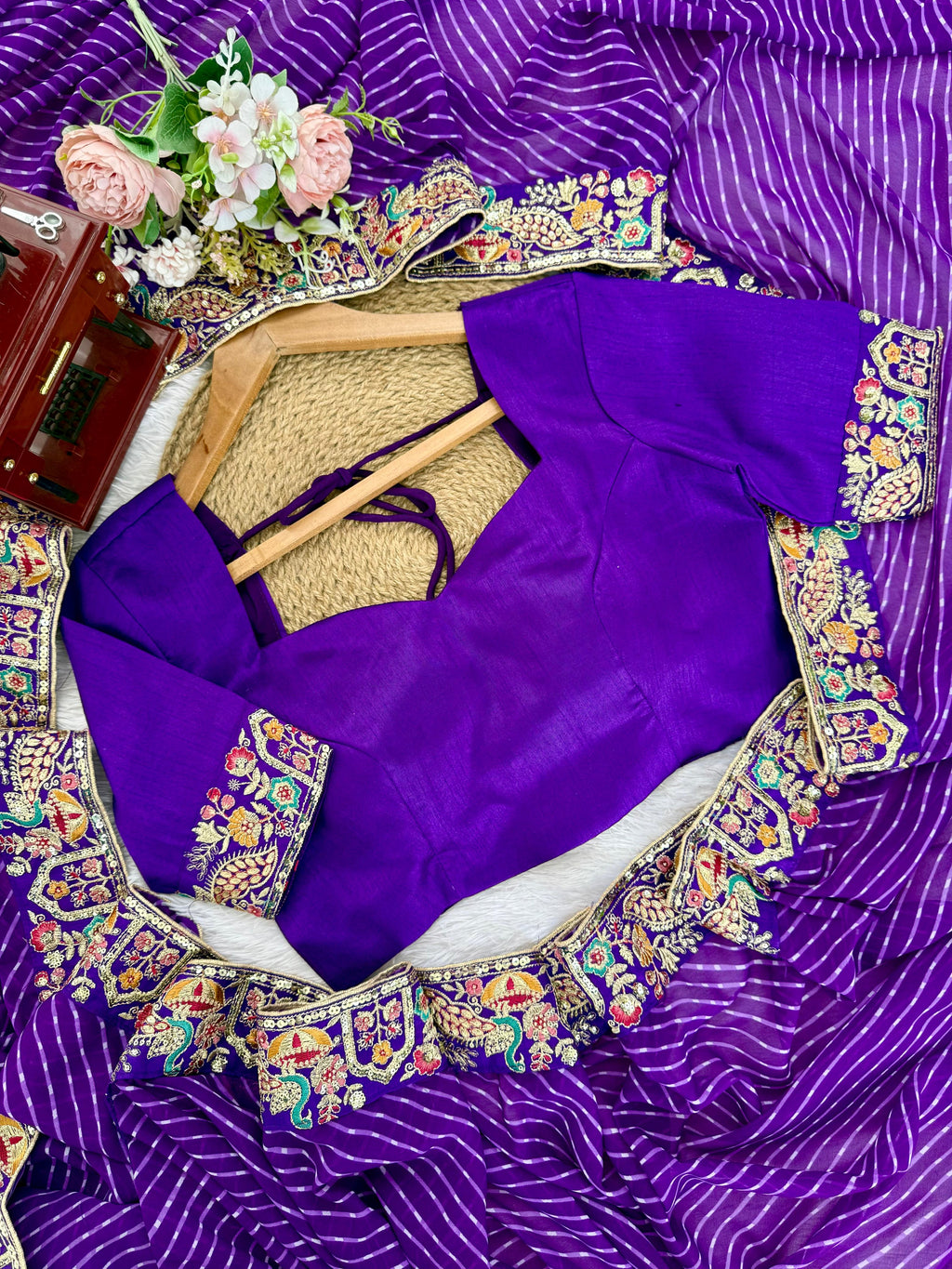 Faux Georgette Saree with Thread, Sequin Embroidery & Bandhani Print