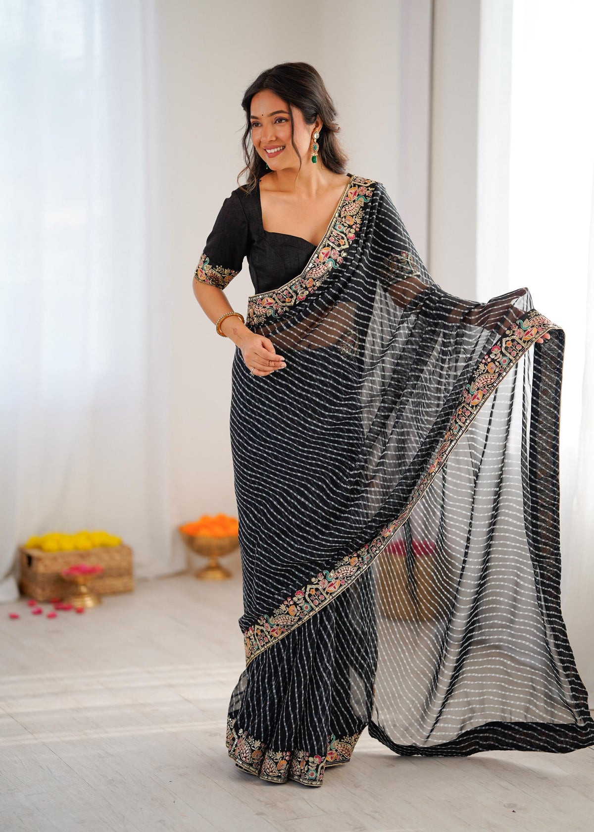 Faux Georgette Saree with Thread, Sequin Embroidery & Bandhani Print
