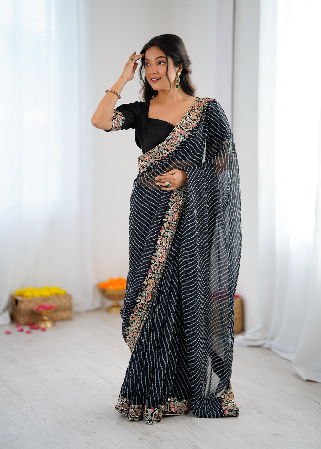 Faux Georgette Saree with Thread, Sequin Embroidery & Bandhani Print