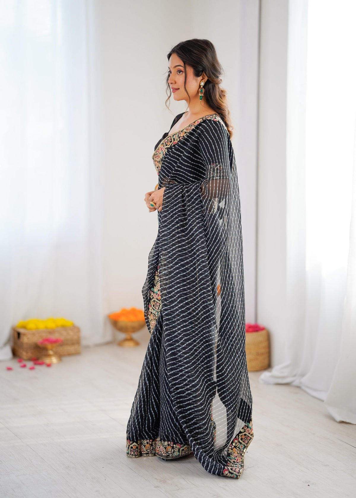 Faux Georgette Saree with Thread, Sequin Embroidery & Bandhani Print