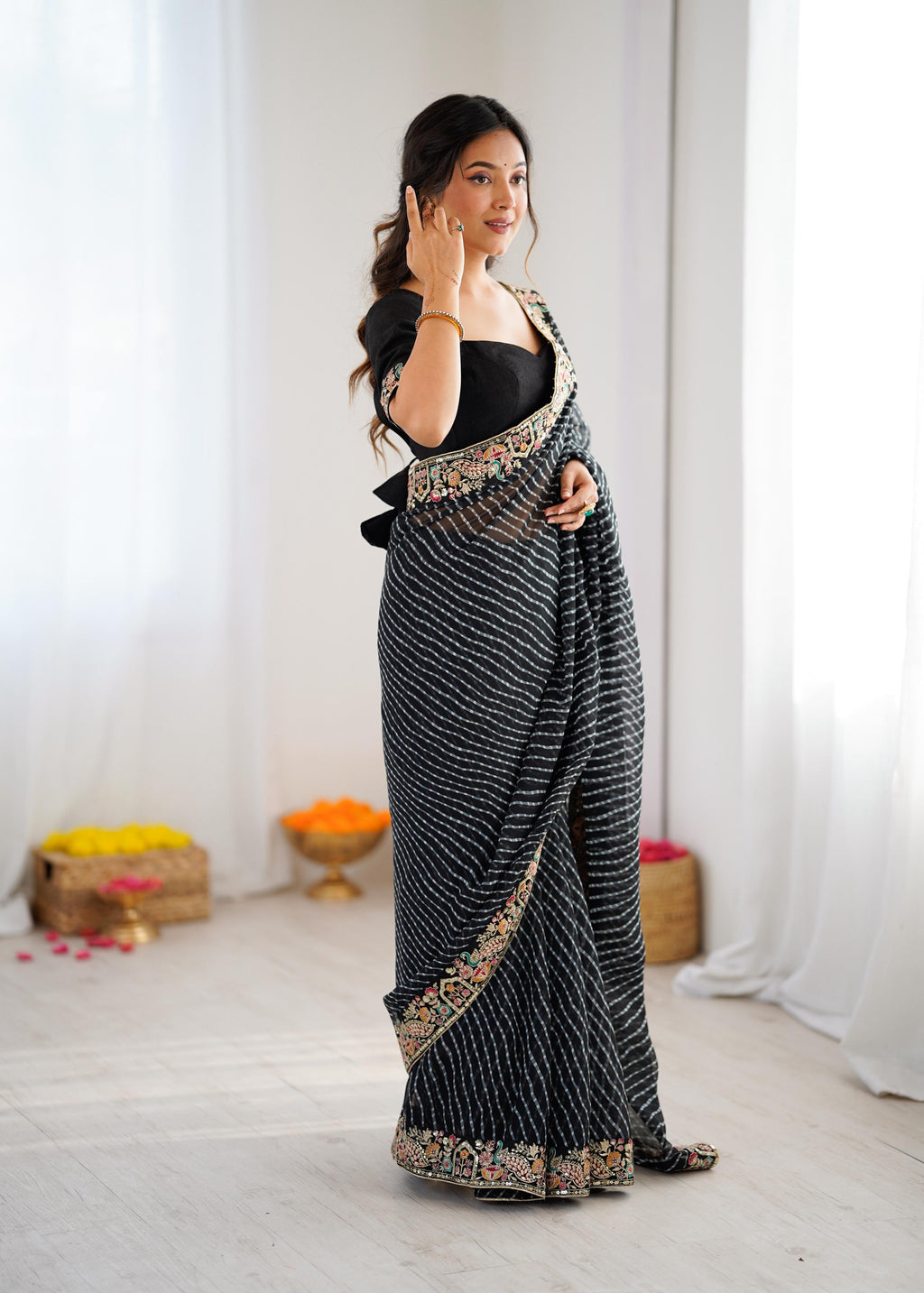 Faux Georgette Saree with Thread, Sequin Embroidery & Bandhani Print